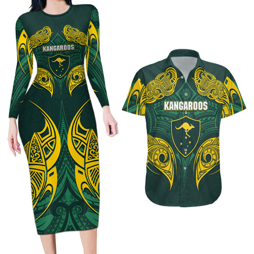 Custom Kangaroos Rugby Couples Matching Long Sleeve Bodycon Dress and Hawaiian Shirt Polynesian Tribal Pattern Green Gold National Team