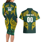 Custom Kangaroos Rugby Couples Matching Long Sleeve Bodycon Dress and Hawaiian Shirt Polynesian Tribal Pattern Green Gold National Team