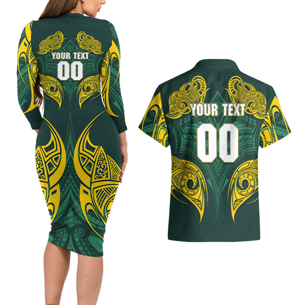 Custom Kangaroos Rugby Couples Matching Long Sleeve Bodycon Dress and Hawaiian Shirt Polynesian Tribal Pattern Green Gold National Team