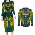 Custom Kangaroos Rugby Couples Matching Long Sleeve Bodycon Dress and Long Sleeve Button Shirt Polynesian Tribal Pattern Green Gold National Team