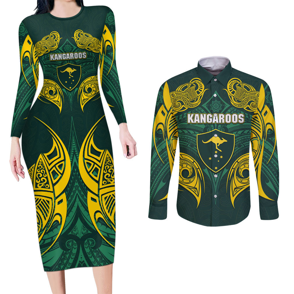Custom Kangaroos Rugby Couples Matching Long Sleeve Bodycon Dress and Long Sleeve Button Shirt Polynesian Tribal Pattern Green Gold National Team