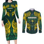 Custom Kangaroos Rugby Couples Matching Long Sleeve Bodycon Dress and Long Sleeve Button Shirt Polynesian Tribal Pattern Green Gold National Team