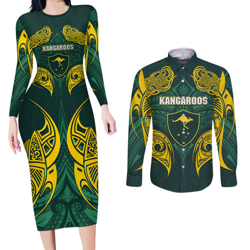 Custom Kangaroos Rugby Couples Matching Long Sleeve Bodycon Dress and Long Sleeve Button Shirt Polynesian Tribal Pattern Green Gold National Team