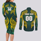 Custom Kangaroos Rugby Couples Matching Long Sleeve Bodycon Dress and Long Sleeve Button Shirt Polynesian Tribal Pattern Green Gold National Team