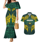 Custom Kangaroos Rugby Couples Matching Mermaid Dress and Hawaiian Shirt Polynesian Tribal Pattern Green Gold National Team