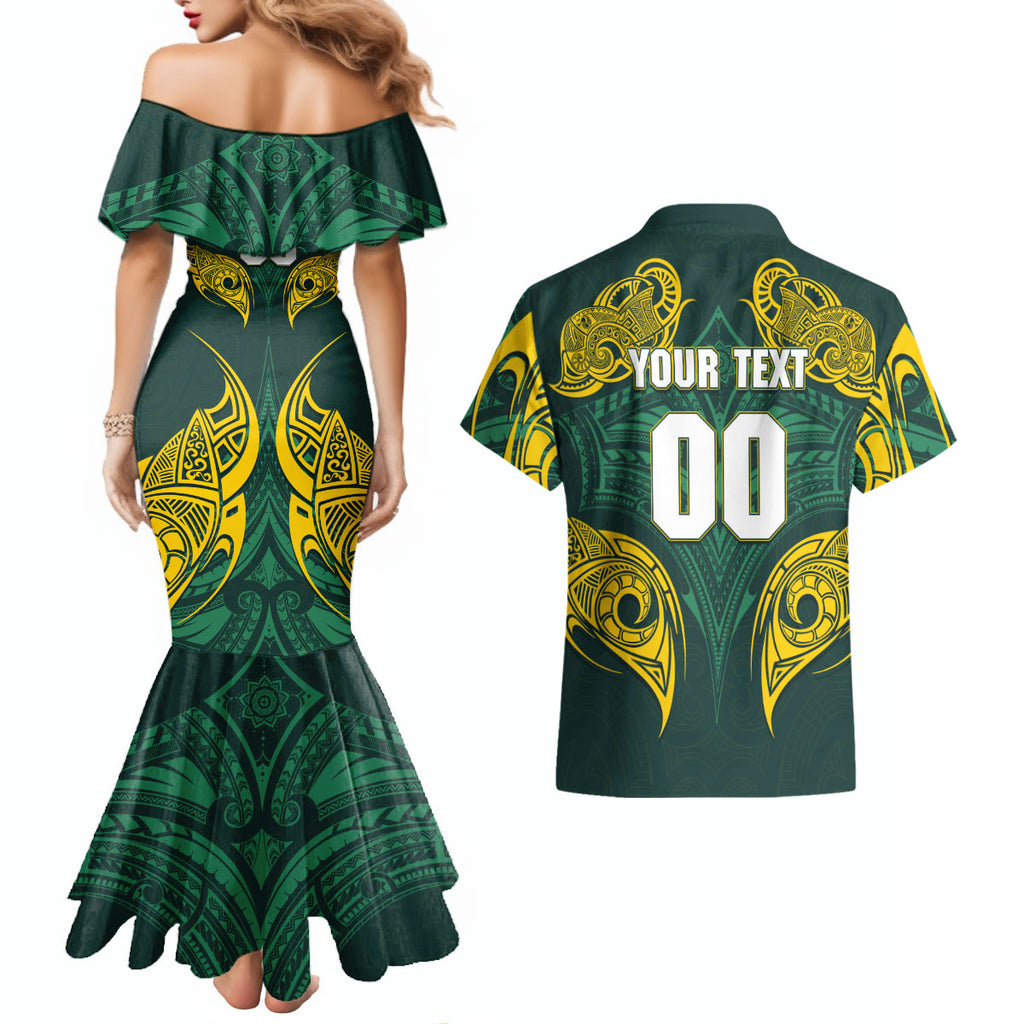 Custom Kangaroos Rugby Couples Matching Mermaid Dress and Hawaiian Shirt Polynesian Tribal Pattern Green Gold National Team