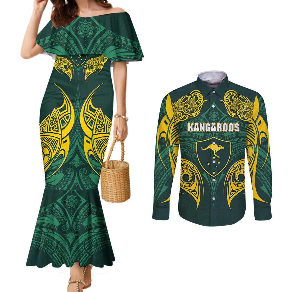 Custom Kangaroos Rugby Couples Matching Mermaid Dress and Long Sleeve Button Shirt Polynesian Tribal Pattern Green Gold National Team