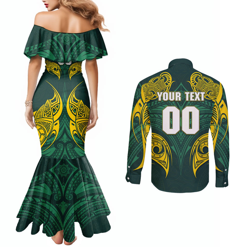 Custom Kangaroos Rugby Couples Matching Mermaid Dress and Long Sleeve Button Shirt Polynesian Tribal Pattern Green Gold National Team