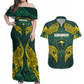 Custom Kangaroos Rugby Couples Matching Off Shoulder Maxi Dress and Hawaiian Shirt Polynesian Tribal Pattern Green Gold National Team