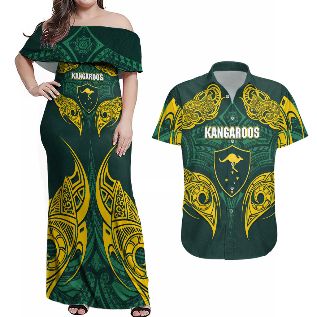 Custom Kangaroos Rugby Couples Matching Off Shoulder Maxi Dress and Hawaiian Shirt Polynesian Tribal Pattern Green Gold National Team