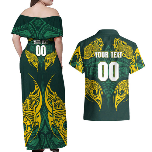 Custom Kangaroos Rugby Couples Matching Off Shoulder Maxi Dress and Hawaiian Shirt Polynesian Tribal Pattern Green Gold National Team