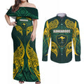 Custom Kangaroos Rugby Couples Matching Off Shoulder Maxi Dress and Long Sleeve Button Shirt Polynesian Tribal Pattern Green Gold National Team