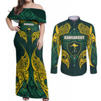 Custom Kangaroos Rugby Couples Matching Off Shoulder Maxi Dress and Long Sleeve Button Shirt Polynesian Tribal Pattern Green Gold National Team