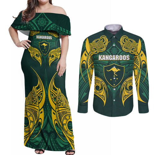 Custom Kangaroos Rugby Couples Matching Off Shoulder Maxi Dress and Long Sleeve Button Shirt Polynesian Tribal Pattern Green Gold National Team