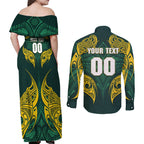 Custom Kangaroos Rugby Couples Matching Off Shoulder Maxi Dress and Long Sleeve Button Shirt Polynesian Tribal Pattern Green Gold National Team
