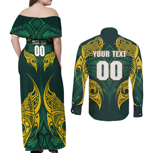 Custom Kangaroos Rugby Couples Matching Off Shoulder Maxi Dress and Long Sleeve Button Shirt Polynesian Tribal Pattern Green Gold National Team