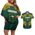 Custom Kangaroos Rugby Couples Matching Off Shoulder Short Dress and Hawaiian Shirt Polynesian Tribal Pattern Green Gold National Team