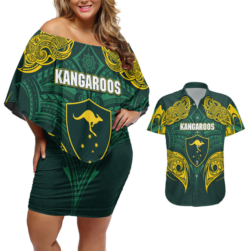 Custom Kangaroos Rugby Couples Matching Off Shoulder Short Dress and Hawaiian Shirt Polynesian Tribal Pattern Green Gold National Team