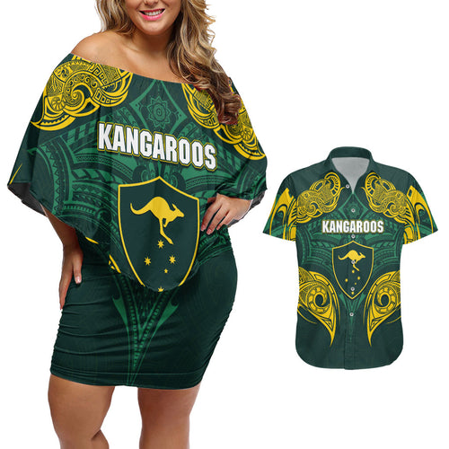 Custom Kangaroos Rugby Couples Matching Off Shoulder Short Dress and Hawaiian Shirt Polynesian Tribal Pattern Green Gold National Team