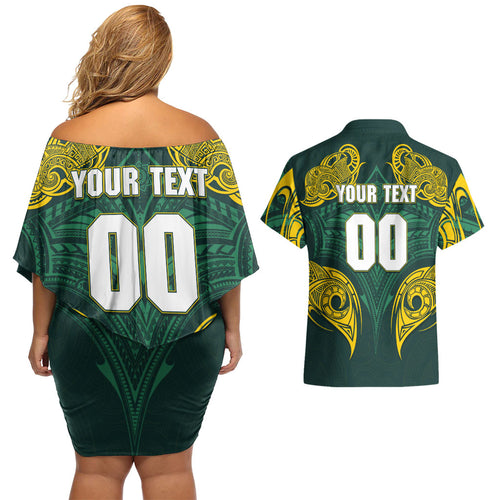 Custom Kangaroos Rugby Couples Matching Off Shoulder Short Dress and Hawaiian Shirt Polynesian Tribal Pattern Green Gold National Team