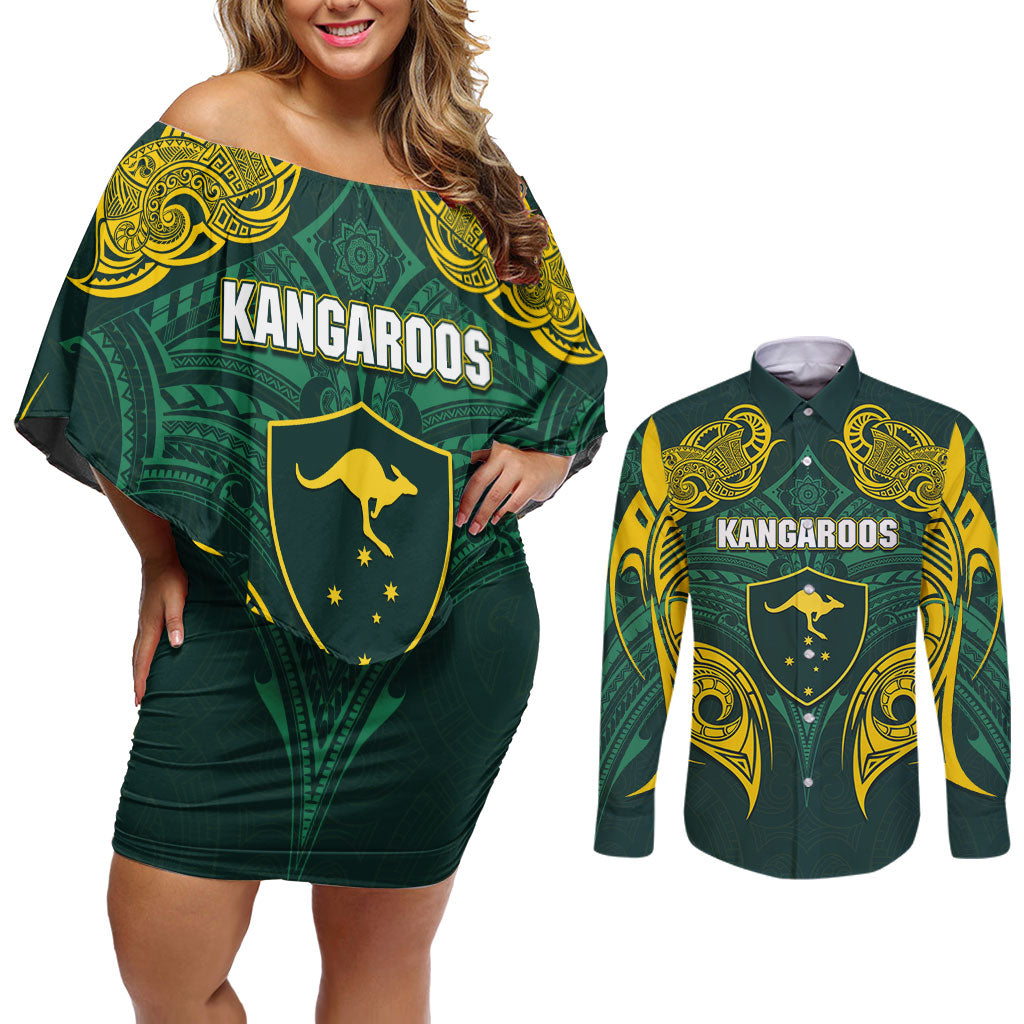 Custom Kangaroos Rugby Couples Matching Off Shoulder Short Dress and Long Sleeve Button Shirt Polynesian Tribal Pattern Green Gold National Team