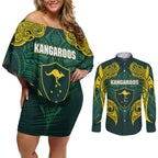Custom Kangaroos Rugby Couples Matching Off Shoulder Short Dress and Long Sleeve Button Shirt Polynesian Tribal Pattern Green Gold National Team