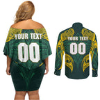 Custom Kangaroos Rugby Couples Matching Off Shoulder Short Dress and Long Sleeve Button Shirt Polynesian Tribal Pattern Green Gold National Team