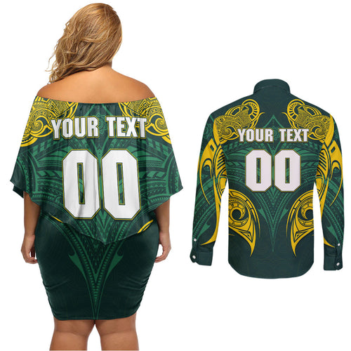 Custom Kangaroos Rugby Couples Matching Off Shoulder Short Dress and Long Sleeve Button Shirt Polynesian Tribal Pattern Green Gold National Team