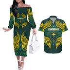 Custom Kangaroos Rugby Couples Matching Off The Shoulder Long Sleeve Dress and Hawaiian Shirt Polynesian Tribal Pattern Green Gold National Team