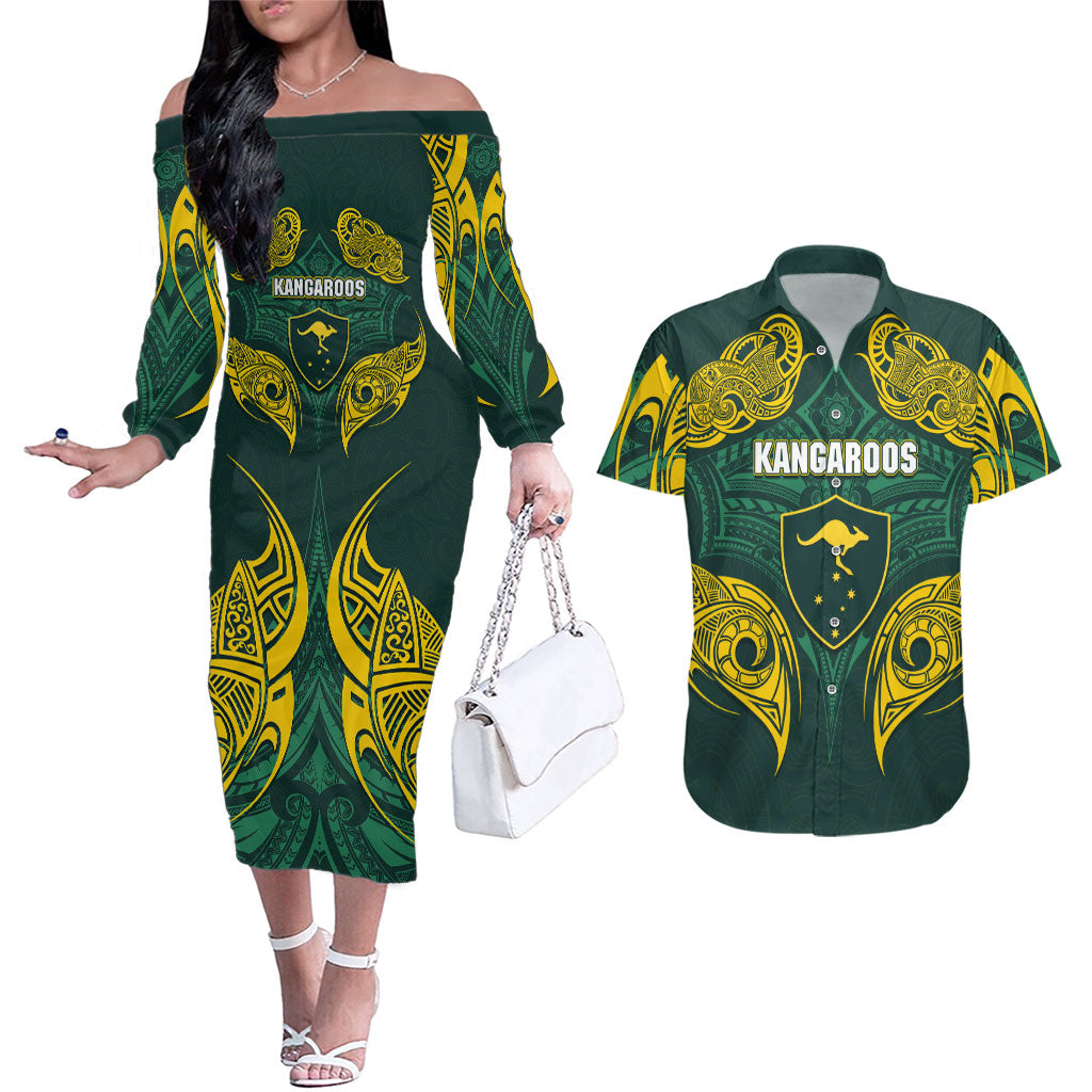 Custom Kangaroos Rugby Couples Matching Off The Shoulder Long Sleeve Dress and Hawaiian Shirt Polynesian Tribal Pattern Green Gold National Team
