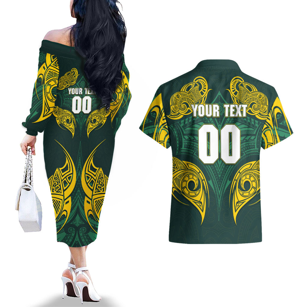 Custom Kangaroos Rugby Couples Matching Off The Shoulder Long Sleeve Dress and Hawaiian Shirt Polynesian Tribal Pattern Green Gold National Team