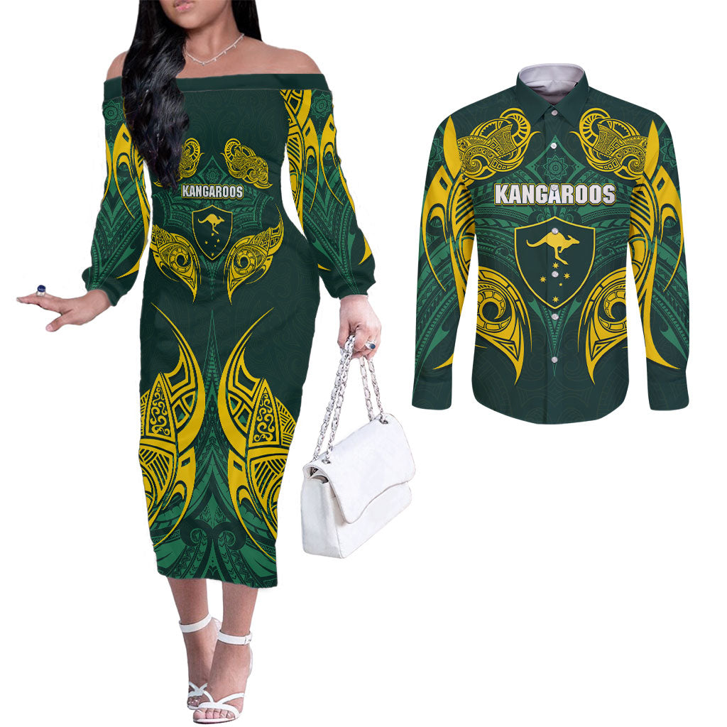 Custom Kangaroos Rugby Couples Matching Off The Shoulder Long Sleeve Dress and Long Sleeve Button Shirt Polynesian Tribal Pattern Green Gold National Team