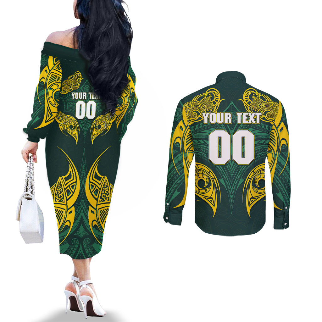 Custom Kangaroos Rugby Couples Matching Off The Shoulder Long Sleeve Dress and Long Sleeve Button Shirt Polynesian Tribal Pattern Green Gold National Team