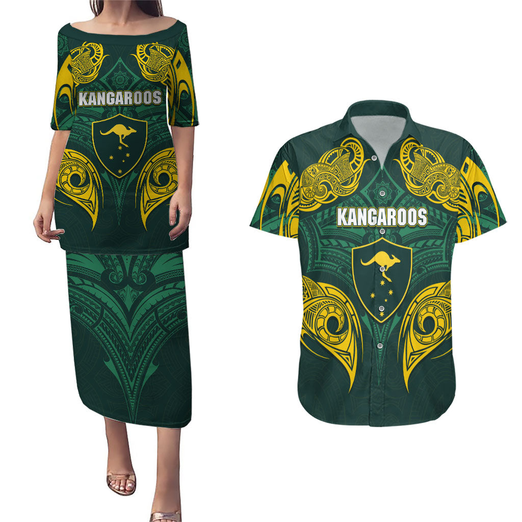 Custom Kangaroos Rugby Couples Matching Puletasi and Hawaiian Shirt Polynesian Tribal Pattern Green Gold National Team