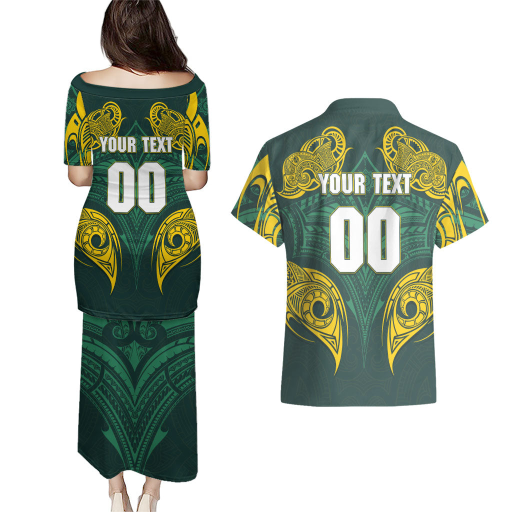 Custom Kangaroos Rugby Couples Matching Puletasi and Hawaiian Shirt Polynesian Tribal Pattern Green Gold National Team