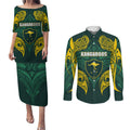 Custom Kangaroos Rugby Couples Matching Puletasi and Long Sleeve Button Shirt Polynesian Tribal Pattern Green Gold National Team