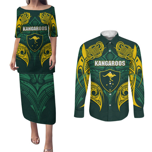 Custom Kangaroos Rugby Couples Matching Puletasi and Long Sleeve Button Shirt Polynesian Tribal Pattern Green Gold National Team