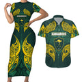 Custom Kangaroos Rugby Couples Matching Short Sleeve Bodycon Dress and Hawaiian Shirt Polynesian Tribal Pattern Green Gold National Team