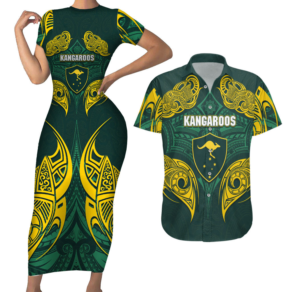Custom Kangaroos Rugby Couples Matching Short Sleeve Bodycon Dress and Hawaiian Shirt Polynesian Tribal Pattern Green Gold National Team