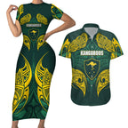 Custom Kangaroos Rugby Couples Matching Short Sleeve Bodycon Dress and Hawaiian Shirt Polynesian Tribal Pattern Green Gold National Team