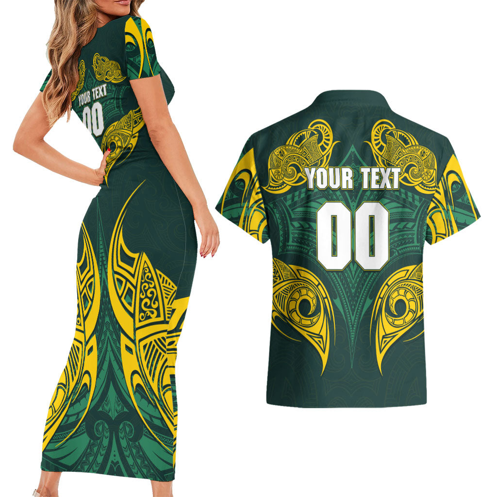 Custom Kangaroos Rugby Couples Matching Short Sleeve Bodycon Dress and Hawaiian Shirt Polynesian Tribal Pattern Green Gold National Team
