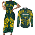 Custom Kangaroos Rugby Couples Matching Short Sleeve Bodycon Dress and Long Sleeve Button Shirt Polynesian Tribal Pattern Green Gold National Team