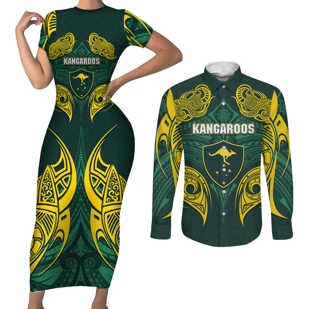 Custom Kangaroos Rugby Couples Matching Short Sleeve Bodycon Dress and Long Sleeve Button Shirt Polynesian Tribal Pattern Green Gold National Team