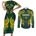 Custom Kangaroos Rugby Couples Matching Short Sleeve Bodycon Dress and Long Sleeve Button Shirt Polynesian Tribal Pattern Green Gold National Team