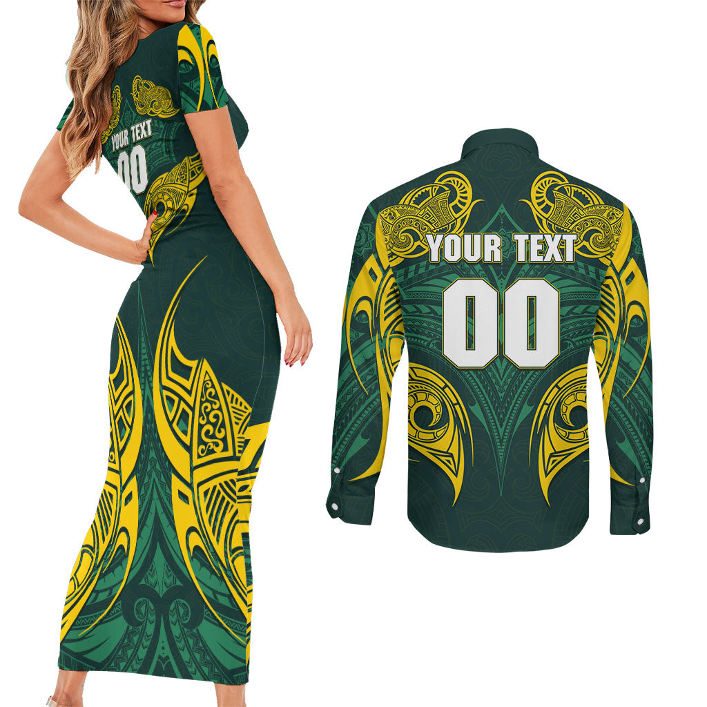 Custom Kangaroos Rugby Couples Matching Short Sleeve Bodycon Dress and Long Sleeve Button Shirt Polynesian Tribal Pattern Green Gold National Team