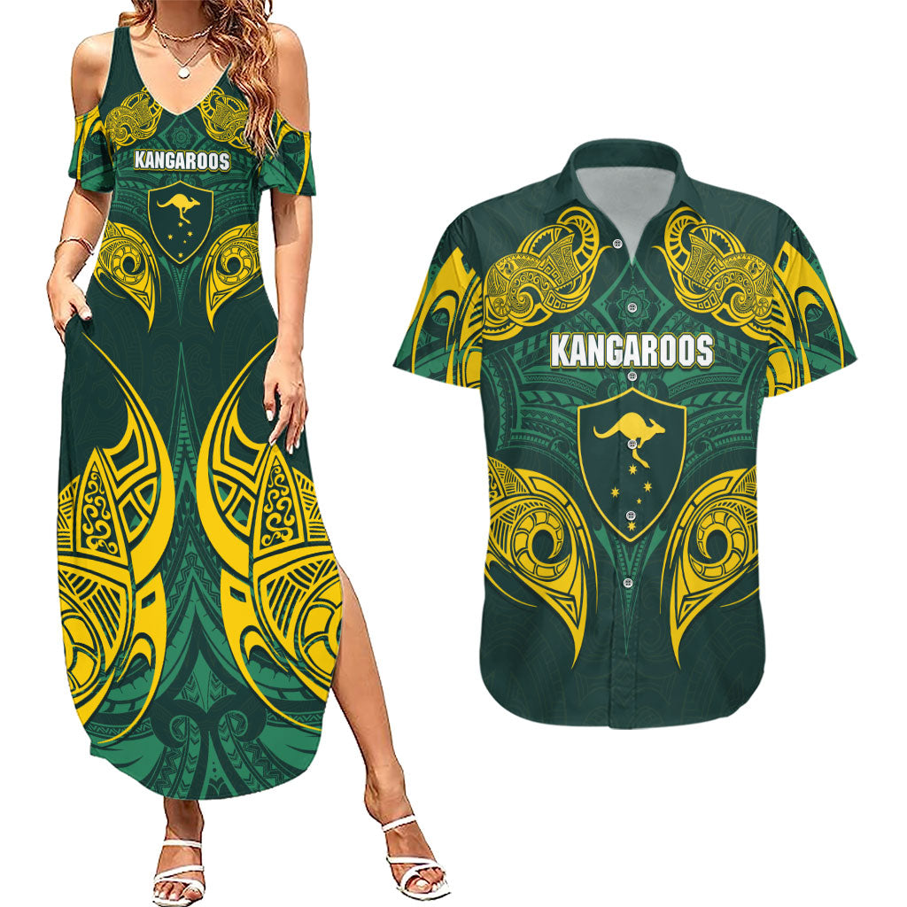 Custom Kangaroos Rugby Couples Matching Summer Maxi Dress and Hawaiian Shirt Polynesian Tribal Pattern Green Gold National Team