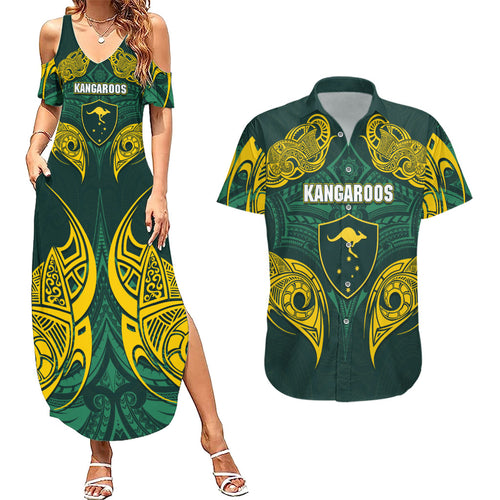 Custom Kangaroos Rugby Couples Matching Summer Maxi Dress and Hawaiian Shirt Polynesian Tribal Pattern Green Gold National Team