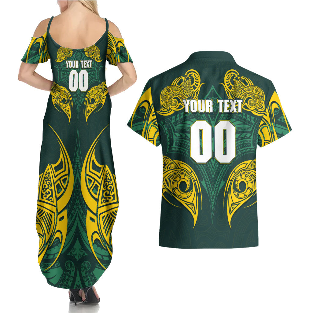 Custom Kangaroos Rugby Couples Matching Summer Maxi Dress and Hawaiian Shirt Polynesian Tribal Pattern Green Gold National Team