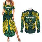 Custom Kangaroos Rugby Couples Matching Summer Maxi Dress and Long Sleeve Button Shirt Polynesian Tribal Pattern Green Gold National Team