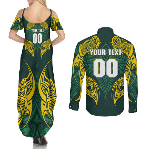 Custom Kangaroos Rugby Couples Matching Summer Maxi Dress and Long Sleeve Button Shirt Polynesian Tribal Pattern Green Gold National Team
